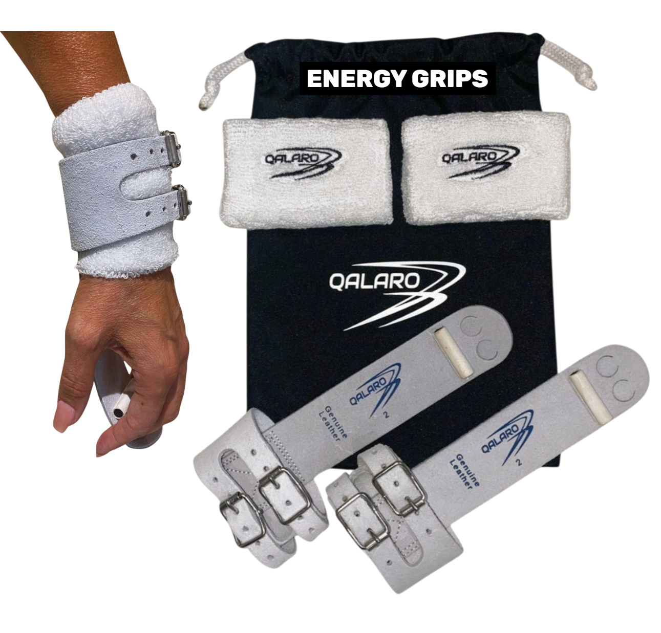Qalaro Double Buckle ENERGY Leather Gymnastics Grips, Wristbands & Drawstring Bag