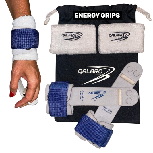 Qalaro Hook & Loop ENERGY Leather Gymnastics Grips, Wristbands & Drawstring Bag