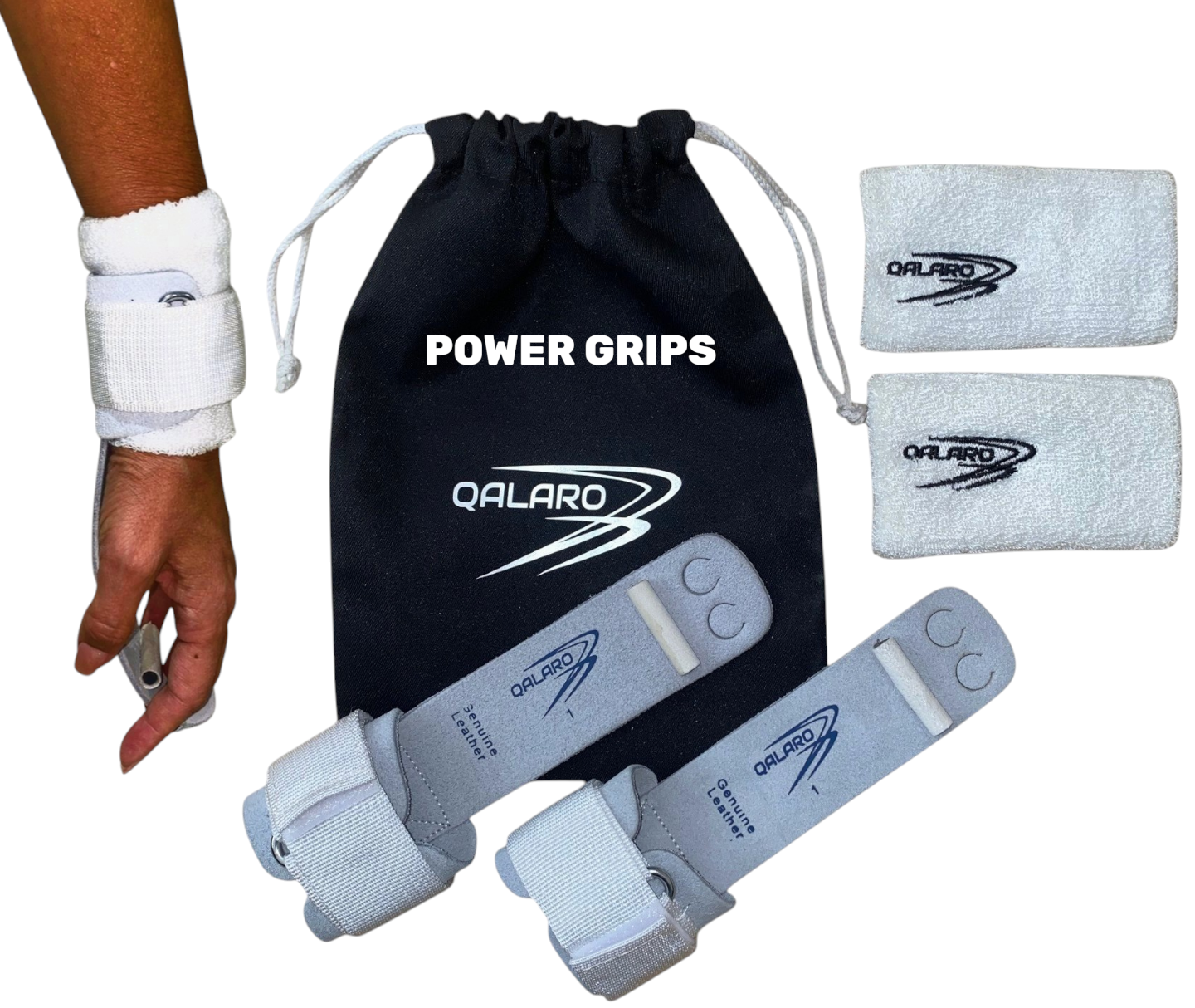 Qalaro Hook & Loop POWER Leather Gymnastics Grips, Wristbands & Drawstring Bag