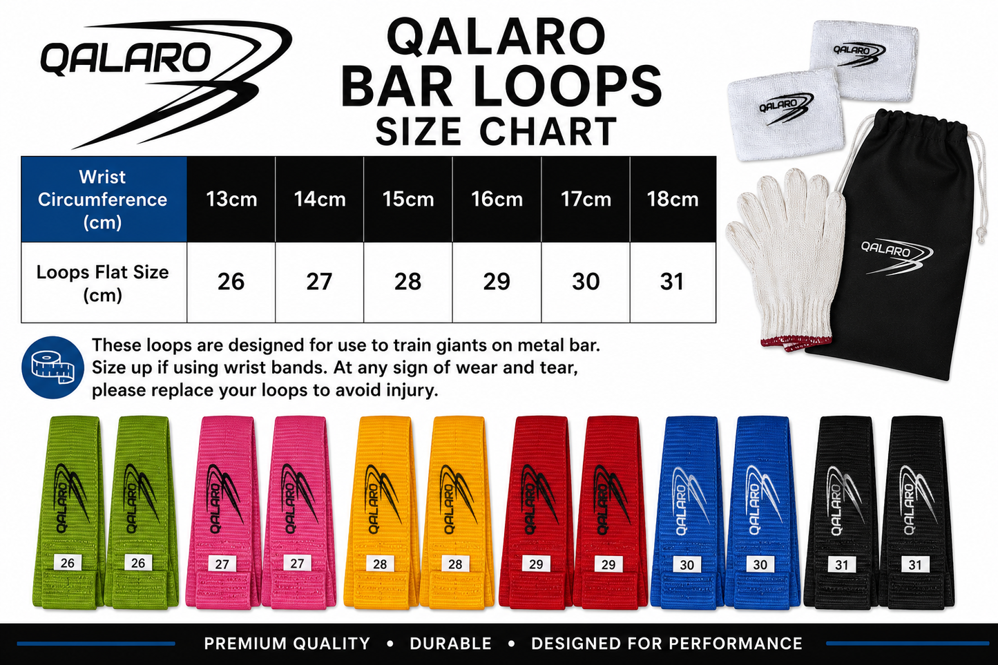 Qalaro Gymnastics Bar Loops Team Set with Gloves, Wristbands & Drawstring Bag